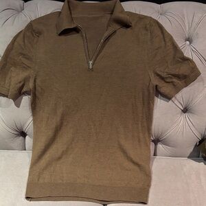 Reiss Brown Zip Collar Polo extra fine merino wool